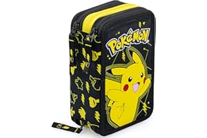 Clondo piórnik trzykomorowy z 45 akcesoriami – dla dzieci i fanów Pokemon – klasy 1–3 – idealny na prezent – długopis wymazywalny, klej, nożyczki, kredki, flamastry