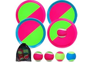 Jovicos Klettballspiel, Gartenspielzeug Outdoor Spiele für Kinder, Klettballspiel für Kinder ab 3 4 5, Outdoor Spielzeug Sommer Spielzeug Draußen, Fangballspiel mit 4 Fangscheiben 4 Bälle