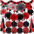 ZERODECO Party Decorations, 41 Pcs Black and Red Papar Fans Pompoms Garlands String Tissue Paper Tassel for Graduation Bridal Baby Shower Wedding Boy Girl Birthday Party