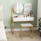 HOMCOM Makeup Vanity with Mirror and Stool Padded USB White | Dressing Table with Charging Station, 2 Drawers, 3 Open Shelves
