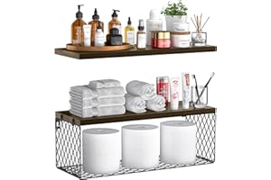 ausyde Floating Shelves Wall Mounted with Storage Basket, Bathroom Shelves for Wall,Rustic Wood Shelves for Bedroom,Living Room,Kitchen,Wall Decor,Plants,Books (Brown)