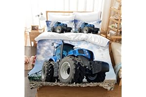 ‎PQCXXA PQCXXA Children's Tractor Bed Linen, Microfibre Bed Linen for Children, Boys with Zip and 2 Pillowcases 80 x 80 cm (Blue, 135 x 200 cm)