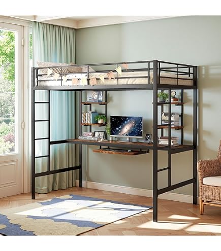 Lit Mezzanine Simple DETROIT Avec Bureau - 90x190 Cm, Structure Bois/métal Noir - Idéal Pour Gagner De L'espace - Design Industriel
