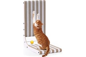 FUKUMARU Griffoir pour Chat, 48 cm en Forme de L, Griffe Murale à Motifs Rayés, Arbre à Chat en Carton avec Jouet Balle d'Intérieur, Boîte de Jeu Incluse