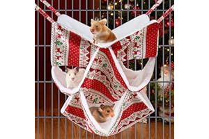 BAANFLY 3-Layer Christmas Hamster Hammock House Mouse Rat Winter Hanging House Small Animal Beds Elk Snowflake Pattern Swing Warm Bedding Pet Cage Tent Nest for Chinchilla Hamster Playing Sleeping