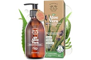 Bionoble Aloe Vera Gel Puro Bio 200ml - Realizzato con Polpa di Aloe Vera Fresca Pura al 100% e con Lavanda Bio - Senza Xantano - Viso, Contorno Occhi, Corpo, Capelli - Bottiglia di Vetro + Pompa