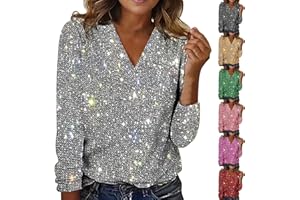 NIDDDIV Women's Sequin Tunic Tops V Neck T Shirt Casual Solid Color Jumpers Long Sleeve T-Shirts Loose Ladies Blouses Sparkly Tunic Tops Glitter Tee Shirts Pullover Women UK Elegant Size S-XXL