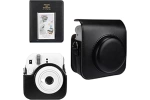 Meetikar Étui pour appareil photo et album photo 64 poches compatible avec appareil photo instantané Fujifilm Instax Mini 12 en cuir synthétique avec bandoulière réglable et album photo, Noir , Sac