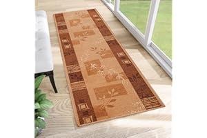TAPISO Anti Rutsch Teppich Läufer rutschfest Brücke Meterware Modern Braun Beige Vierecke Floral Design Flur Küche Wohnzimmer 80 x 200 cm