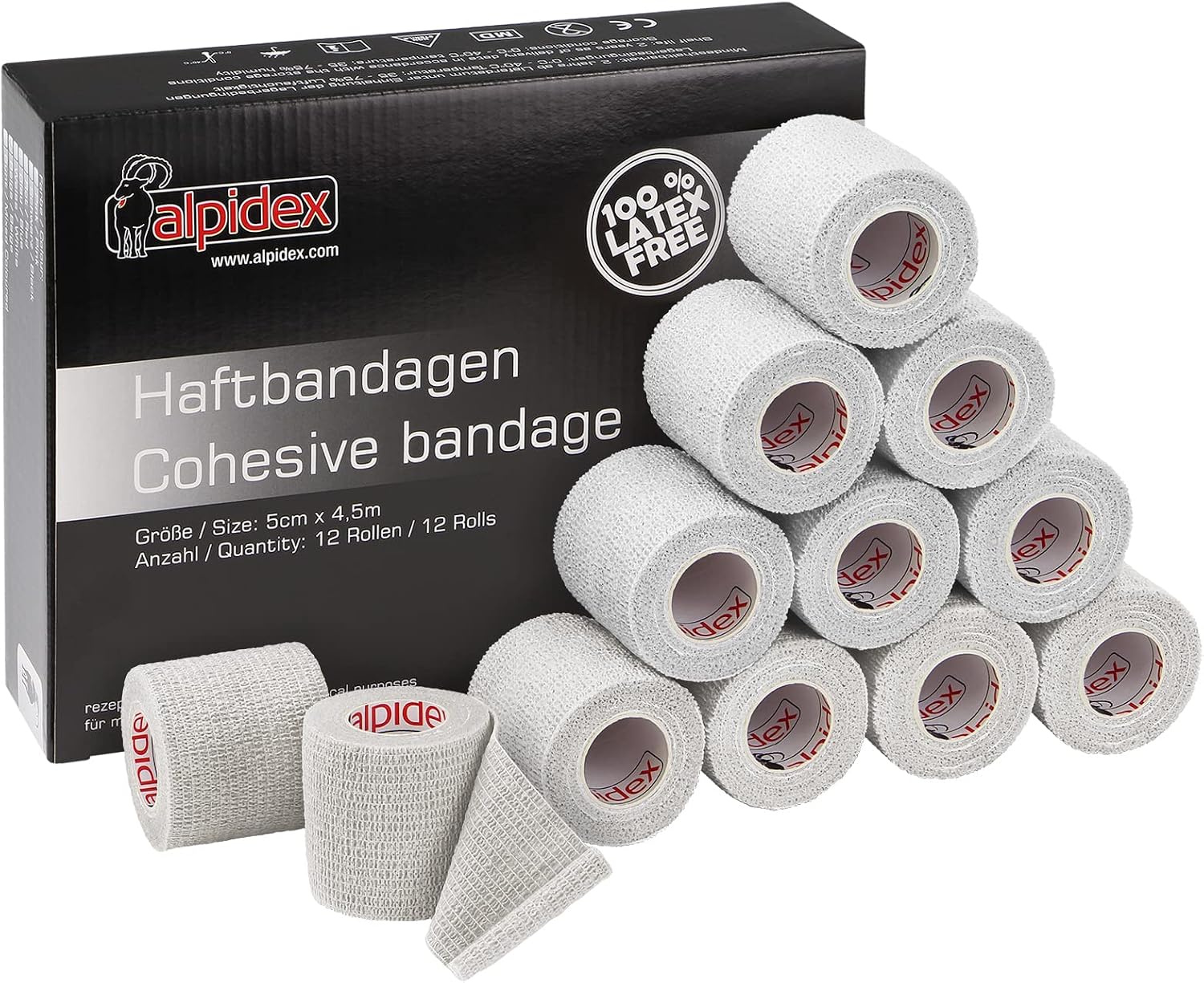 ALPIDEX 12 Rollos Venda Adhesiva 5 cm x 4,5 m Venda Cohesiva Envoltura Tape Deportiva Bendaje Autoadhesiva Mano Rodillas Tobillo Vet Wrap Perro Gato Caballo, Color:blanco