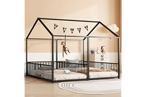 ‎DOLAMANÍ Dolamaní Bodenbett 180x200 cm 2 Kinder mit rausfallschutz, 90x200 cm Einzelbetten 2-in-1, Hausbett Metall Geschwister Bett, Kinderbett Bodentief (Schwarz B)