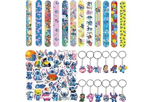 PYTRARTY Gadgets de Fête d'anniversaire pour Enfants,12 Stitch Bracelets Slap pour enfants,12 Stitch Porteclés,50 Stitch Autocollants,Cadeaux de Fête d'anniversaire