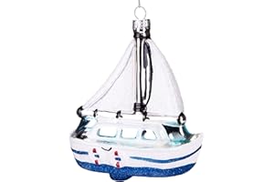 ‎BRUBAKER Brubaker Biała żaglówka, ręcznie malowana bombka bożonarodzeniowa ze szkła, dmuchana ustnie, zabawna figurka na choinkę, dekoracyjna zawieszka, 12 cm