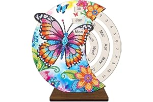 Lebartm DIY Diamond Perpetual Calendar Diamond Art Painting Wooden Manual Rotating Calendar Ornament Desk Round Perpetual Calendar Single Sided Diamond Tabletop Ornaments for Home Decor-Butterfly07