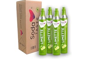 SodaTASTE Lot de 4 cylindres de CO2 (recharge) pour machine à gazéifier avec arôme naturel de citron vert, sans sirop, sans sucre (attention : 4 cylindres vides requis)