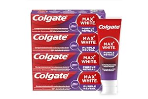 COLGATE - Dentifirice Max White Purple Reveal -Blanchiment dentaire| Révèle des dents plus blanches instantanément* | Dentifrice menthe au fluor | Haleine fraîche | 4 X 75 ml