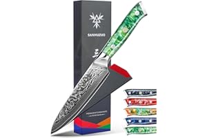 SANMUZUO Couteau Tout Usage Professionnel - Lame 13 cm en VG-10 67 Couches Damas Acier - Poignée en Résine (Vert Jade) - Série Xuan