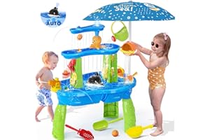 KIZJORYA Table Eau Sable Jeux D'eau Exterieur pour Enfant 2+ Ans, 3-Tier & Pompe D'eau D'aspiration électrique Ttable Sable et Eau, Jeu Extérieur pour Garçons Filles 2 3 4 5 6 7 8 Ans, Water Table (Bleu)
