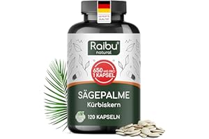 ‎RAIBU Saw Palmetto Extrakt (Sägepalmenextrakt) mit Kürbiskern Kapseln - 650 mg Extrakt pro Kapsel davon 27.5 mg Phytosterole (5%) - Hochdosiertes Sägepalmextrakt + Kürbiskernextrakt - Ohne Zusätze