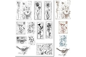 CRASPIRE Flowers Postcard Clear Rubber Stamp Poppy Moth Birds Butterfly Plants Vintage Transparent Silicone Seals Stamp for Journaling Card Making DIY Scrapbooking Handmade Photo Album Notebook Decor