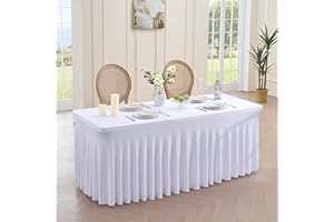 NSSONBEN 1-pak, biały spandex obrus na stoły prostokątne o długości 180 cm, bez fałd, ze spódnicą, na bankiet, imprezę, wesele, urodziny, spotkanie, jako dekoracja
