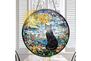 VAIIEYO Black Cat Sun Catcher Stained Glass Window Hanging Ornament, Handmade Sun Catcher Animal Decoration with Hooks for Window Garden Home, Christmas & Birthday Housewarming Gift (20 cm)
