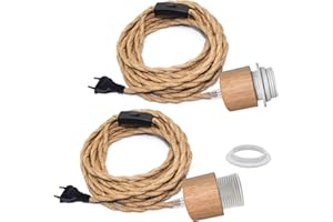 LQUNFYL 2PCS Lustre Corde de Chanvre avec Prise, 500CM Câble, Douille Ampoule E27 avec Interrupteur, Corde Lampe Suspension avec Prise, Suspension Luminaire Corde, Lampe Suspendue Vintage, Lampadaire DIY