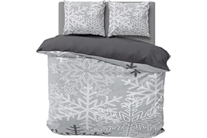 one-home Biber Bettwäsche 200x200 cm Schneeflocken Kristalle grau Winter Warm Baumwolle