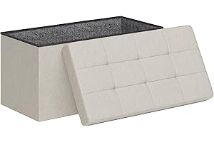 HOMCOM Puff Almacenaje, Banco Almacenaje Plegable, 84 L, 76x38x38 cm, Tapizado en Lino Sintético, Baúl de Almacenamiento, Carga 120 kg, Taburete para Sala de Estar, Dormitorio, Entrada, Crema