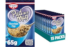 Dr. Oetker Chocolate Chip Pud in a Mug, 65g Each, Pack of 15 - Microwave Pudding Cake Mix for Baking, Suitable for Kids Bakes, Store Cupboard Essentials with Choc Chips