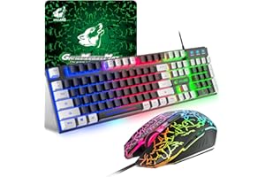 ZIYOU LANG Gaming Farbblock Tastatur Und Maus Set, QWERTZ German Layout Regenbogen LED Hintergrundbeleuchtung Ergonomische Keyboard 6 Tasten 2400 DPI Maus und Mauspad, USB Verkabelt, Schwarz+Weiße Tastenkappen