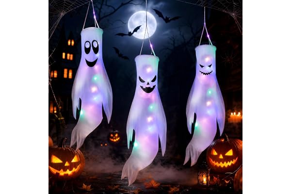 CNMTCCO 3 stycken halloween dekoration spöke med LED-ljus, halloween dekoration utomhus vindväska för utomhusbruk, hängande dekoration för trädgård gård terrass fest
