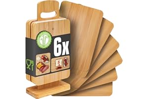 DuneDesign Deseczki ?niadaniowe ze stojakiem, zestaw 6 sztuk, towar klasy B - 22 x 15 deska do krojenia ze stojakiem deska ?niadaniowa z uchwytem, deski bambusowe do kuchni z podstawk?