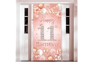 FUPOLARA 11th Birthday Decorations Door Banner - Rose Gold Happy 11th Birthday Backdrop Banners, Large Size Door Porch Sign Background for Girls 11 Years Old Party Supplies(185X90cm)