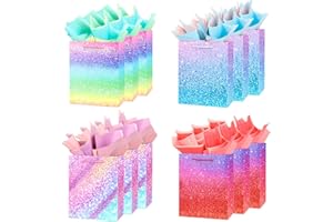 ZJHIOME 12Pcs 9'' Gift Bags Medium Size Gift Bags with Tissue paper Rainbow Glitter Paper Bags with Handles for Shopping Birthday Wedding Baby Shower Christmas Party