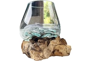 Darthome Molten Glass Home Decorative Bowl On Rustic Teak Root Wood Stand Ornament Gift 14cm