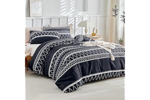 Lekesky Double Duvet Cover Set Black Bedding Set Boho Stripe Print Double Duvet Set with Zipper (1x Quilt Cover + 2x Pillowcases) Ultra-Soft Microfiber Black Bedding