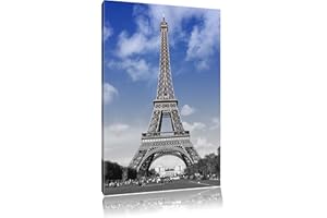 PIXXPRINT Tour Eiffel avec le ciel bleu Paris noir / blanc Taille: 60x40 sur toile, XXL énormes Photos complètement encadrée avec civière, impression d'art sur murale avec cadre, moins cher que la peinture ou la peinture à l'huile, pas une affiche ou une bannière,