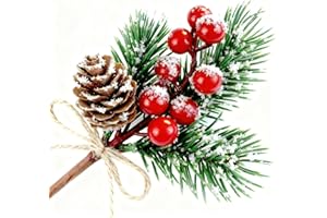 FUTERLY Puluole 10 piñas de pino con bayas para manualidades, decoración de San Valentín, ramas de pino artificiales de hoja perenne, tallo de acebo, decoraciones de Navidad, adorno de papel de regalo (rojo)