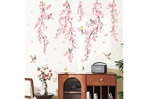 Decvictor Adesivi Murali Vite di ciliegio appesa Adesivi da Parete Ramo di fiori rosa Adesivo Muro Decorativo per Soggiorno Camera Letto Corridoio Divano TV Sfondo Muro