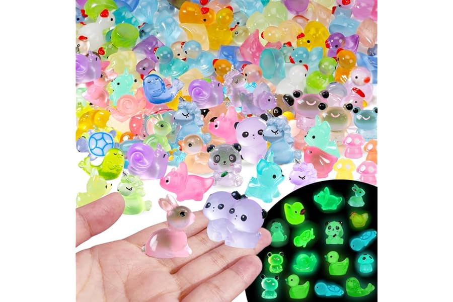 Maridergo 136PCS Mini Luminous Resin Animals, Cute Tiny Small Resin Animals Little Plastic Animal Figurines Small Ducks Bulk Glow in the Dark for Fairy Garden Dollhouse Plant Decorations