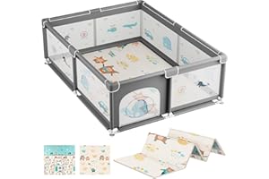 JUPPLIES Parque Infantil Bebe 150x180cm + Alfombra Bebe – Corralito Bebe con Malla Transpirable – Parque de Juegos Bebe Plegable con Puerta Lateral – Playpen Bebe - Gris