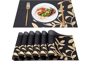 VINILITE PVC Woven Placemat Sets of 6, Washable Heat Resistant Non-Slip Table Placemats for Kitchen Restaurant Dinner Home Decor, Gift Package, Branches Leaves Print Pattern, 45 x 30cm, Black
