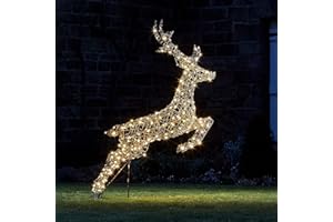 Lights4fun 146cm Harlow 3-in-1 LED Rattan Rentier Figur Hirsch mit Timer Weihnachtsbeleuchtung für außen und innen Weihnachtsfigur Outdoor Weihnachtsdeko Außen Weihnachtsfigur Aussen