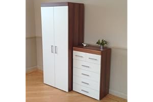 DRP Trading White & Walnut 2 Piece Bedroom Furniture Set, 4+2 Drawers Chest, 2 Doors 2 Large Drawers Wardrobe, Ample Storage, Elegant Décor, Ideal for Bedroom Organisation, Quality Bedroom Set