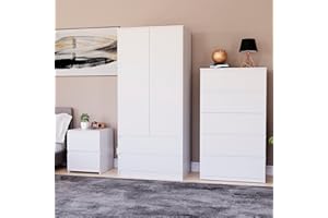 Vida Designs Denver Bedroom Furniture Set (White, 3pc-5 DWR Chest+2 Dr Wardrobe+2 DWR Bedside Table)