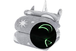WICKED GIZMOS WG Wicked Gizmos Glow in the Dark Fluffy Throw Over Blanket with Hood in Soft and Plush Faux-Fur Microfibre Fleece Finish for Bed, Sofa or Couch (Grey Moon & Stars)