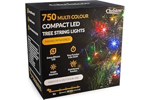CHRISTOW 6ft Christmas Tree Lights, 750 Multi-Coloured LED Fairy Lights with Timer, 8 Light Modes, Energy Efficient 3mm LEDs, Indoor & Outdoor, Mains Powered, Green Cable (18.72m Lit Length)