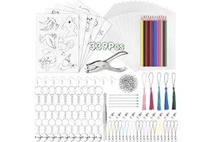 PLULON 339 Pcs Kit Hojas de Plástico Termocontraíble 20 Papel Blanco Encogible 5 Papel Arte Retráctil con Patrón Perforadora Lápices Colores,Accesorios Llaveros para Adornos Bricolaje, Manualidades