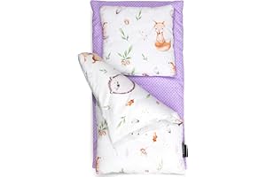 PinkZebra Set di 3 biancheria da letto per bambole per lettino, parure per lettino da bambola 3 pezzi, coperta + cuscino + materasso, in cotone per bambole fino a 43 cm, ÖKO-TEX, animali della foresta